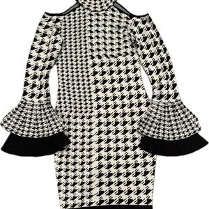 Black and White Houndstooth Cold Shoulder Sweater Dress